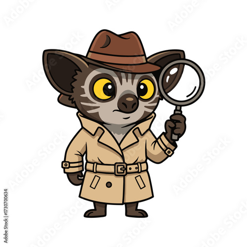 Curious cartoon lemur detective in trench coat and fedora hat meticulously examining with a magnifying glass, perfect for mystery, investigation, or educational content.