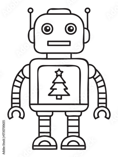 Black and white robot outline with christmas tree design - stock vector