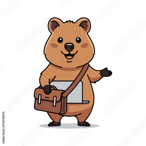 Charming quokka character with a laptop bag and bright idea lightbulb glowing, perfect for educational or business concepts, symbolizing innovation and learning with a friendly, approachable vibe