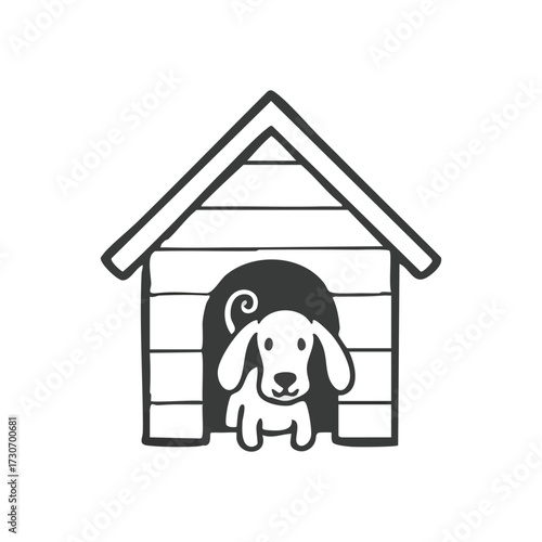 Adorable Canine in Pet House Image. Charming hand drawn artwork featuring a happy pup emerging from its cozy shelter. Represents domestic warmth and a beloved companion's abode.