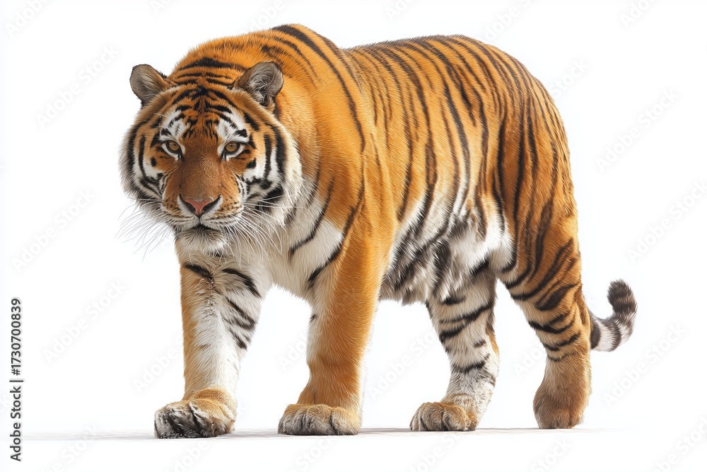 Obraz premium Powerful tiger walking majestic predator isolated on white wildlife animal portrait