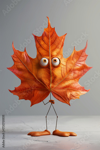 Realistic autumn maple leaf in cartoon style, vibrant shades of red, orange and yellow, lies on a light background, soft natural light