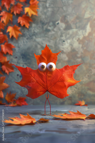Cartoon autumn maple leaf with big eyes and small legs, standing and smiling, bright autumn colors, gray background with other leaves with copy space