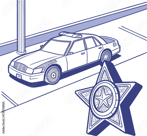 Dark sedan car and law enforcement star badge emblem concept art for security isolated on transparent background