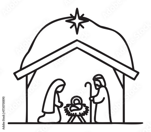 Nativity scene line art with holy family and star above manger - stock vector