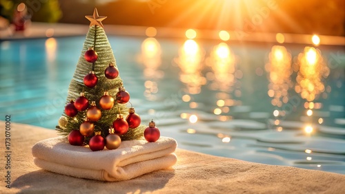 Miniature christmas tree with ornaments by a swimming pool