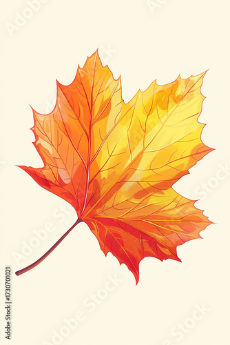 Vector illustration of a maple leaf in autumn colors, clean light background, minimalist design, flat style