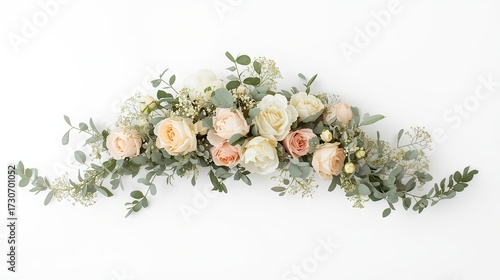 Elegant floral arrangement showcases delicate ivory, peach, and pink roses interspersed with delicate greenery, including eucalyptus leaves and smaller filler flowers, presented against a pristine...