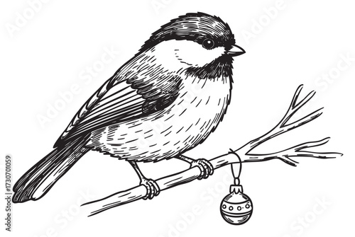Hand-drawn chickadee on branch with ornament in black and white - stock vector