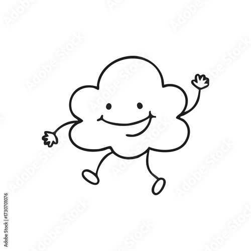 Happy Waving Cloud Cartoon Drawing. A delightful outline illustration of an anthropomorphic cumulonimbus with a joyful expression, raising an arm. Evokes cheerfulness and childlike wonder.