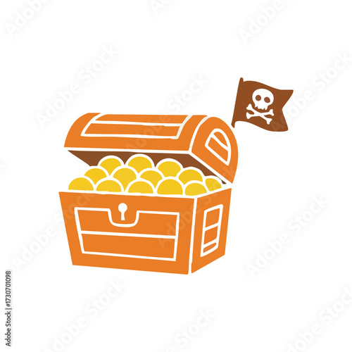 Pirate Treasure Chest Gold Coins. Lively cartoon graphic depicts an open wooden coffer brimming with sparkling doubloons, beside a buccaneer banner. Evokes quest, fortune, and triumph.