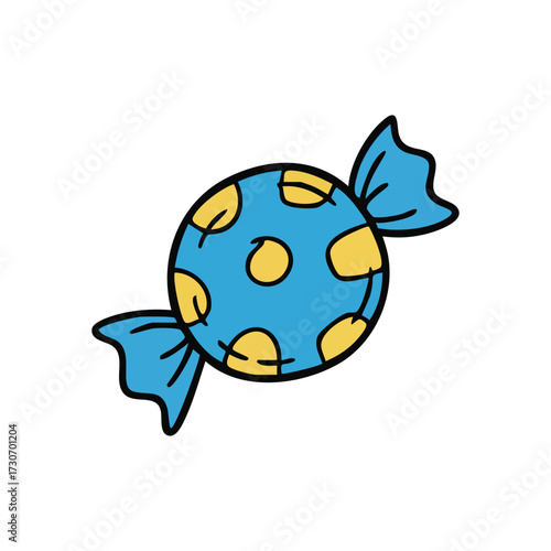Cute Wrapped Sweet Treat Illustration. A delightful blue confection featuring yellow spots. This playful doodle symbolizes happiness, childhood, and simple sugary pleasures.