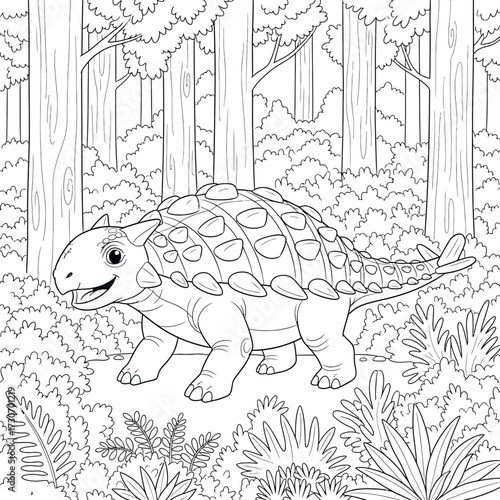 Cute Cartoon Ankylosaurus in Forest - Black and White Line Art for Coloring Book