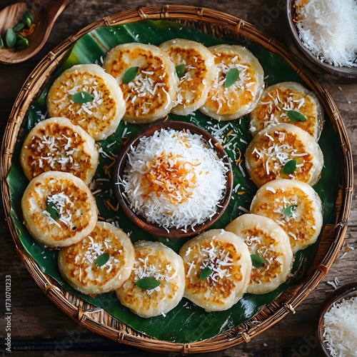 Overhead Shot of Thai Coconut Pancakes (Kanom Krok) with Sweet Coconut Filling