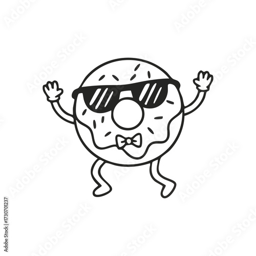 Sweet Donut Dude with Shades. A delightful pastry wearing fashionable eyewear and a tie, exhibiting a fun, celebratory mood. Perfect for cheerful designs and food themes.