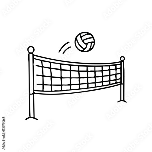 Hand Drawn Volleyball Net Play. An artistic rendering featuring a game ball airborne above a sport barrier. This sketch conveys summer activity, joyful recreation, and team spirit.
