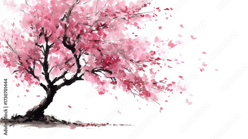 Fototapeta premium A vibrant cherry blossom tree stands with delicate pink flowers gently swaying in the breeze on a peaceful spring day. The scene is full of life and tranquility.
