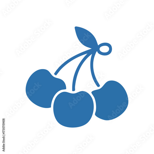 Blue Cherries Simple Graphic. This minimalist depiction shows a trio of indigo berries with stems and a leaf. It represents freshness, health, and natural sweetness.