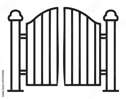Black and white outline of simple double wooden gate with pillars - stock vector