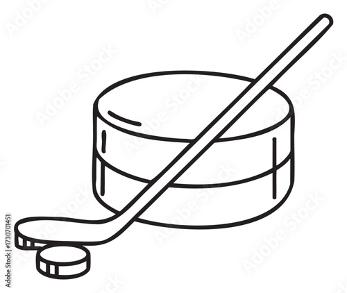 Black and white line drawing of a hockey stick and puck - stock vector
