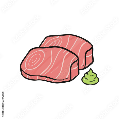 Vibrant Tuna Sashimi with Wasabi. Hand-drawn graphic showing lean cuts of ruby fish and pungent green paste. Evokes authentic Japanese dining, promoting a healthful, gourmet experience.