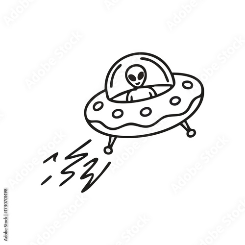 Cosmic Visitor in UFO Doodled Design. Playful graphic depicting a friendly extraterrestrial piloting a spacecraft. This simple artwork evokes imagination, adventure, and galactic mysteries.
