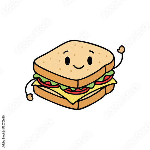 Cheerful Animated Sandwich Icon. This delightful meal character smiles and waves, embodying healthy eating and joy. A charming depiction of a fresh, tasty snack.