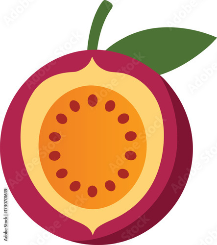 Vibrant illustration of a passion fruit cut in half, showcasing its juicy pulp and seeds, isolated on a white background