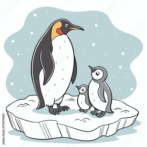 Cute penguin family standing together on an ice floe with falling snow isolated on transparent background