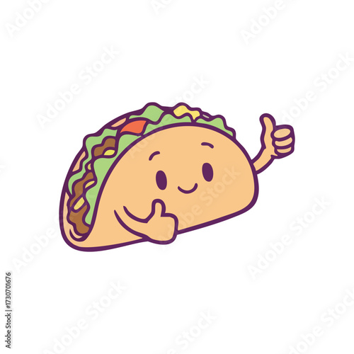 Cheerful Taco Mascot Gives Thumbs Up. This vibrant food illustration features a content Mexican shell icon, expressing strong approval with dual hand gestures, representing positivity and triumph.