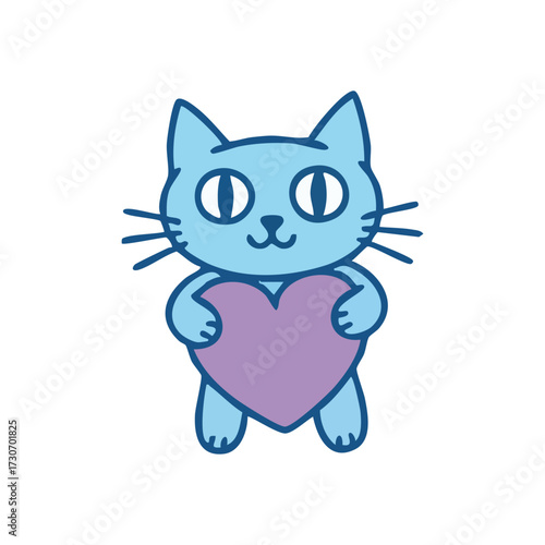 Cute Blue Cat Cradling a Heart. This sweet kitten softly holds a violet symbol of affection. The delightful creature represents warmth, caring, and heartfelt devotion.