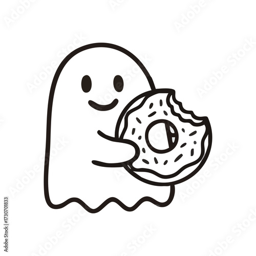 Cheerful Spirit with Sweet Pastry Art. Adorable spectral entity holding a delicious confection with sprinkles, a bite already taken. Evokes warmth, fun, and simple pleasures.