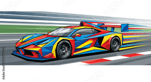 Dynamic racing car in vibrant geometric style speeds down track with colorful motion blur, capturing the thrill of competition and modern design