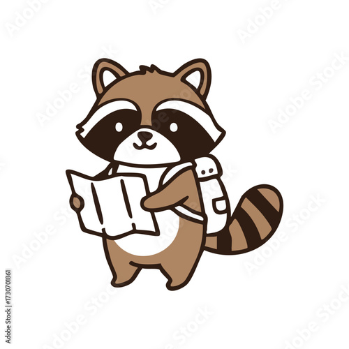 Cute Raccoon Explorer. Adorable woodland creature, carrying a satchel and map, embodies wanderlust and discovery. Perfect for travel designs.