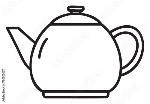 Black and white outline of a teapot with handle and spout - stock vector