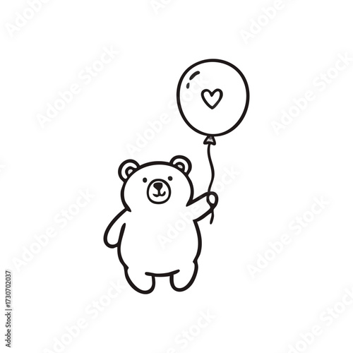 Adorable Bear Holding Heart Balloon. A delightful creature grasps a buoyant orb, representing profound affection and tender joy. Simple, minimalist line drawing.
