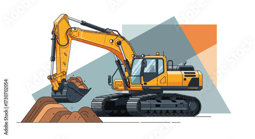 Powerful excavator digging soil with precision, ideal for construction, industry, or earthmoving projects in a modern, dynamic design