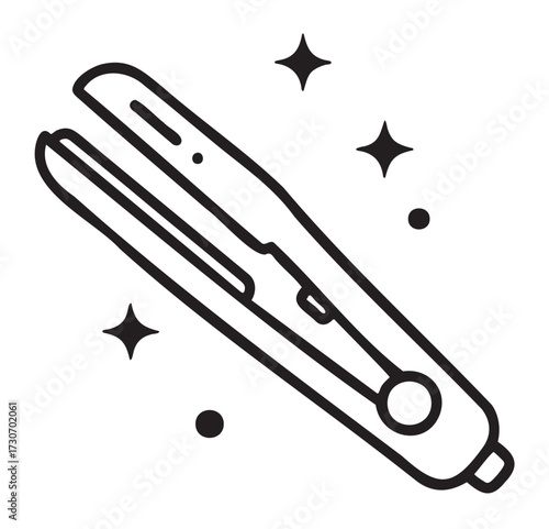 Illustrated hair straightener with sparkle elements in black and white - stock vector