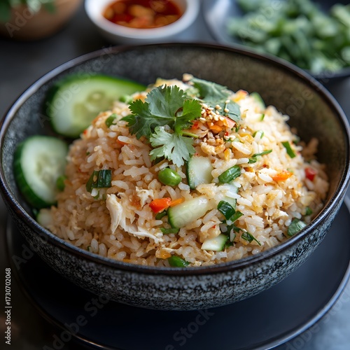 Delicious Thai Crab Fried Rice (Khao Pad Pu) Served with Fresh Cucumber