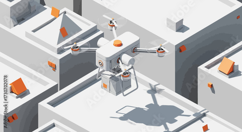 Cutting-edge drone delivering packages in minimalist cityscape, promising fast, efficient future of urban logistics and modern technology solutions today