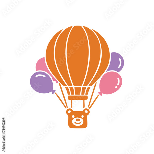 Whimsical Bear Hot Air Balloon Ride. This charming illustration depicts a plush toy soaring high with festive party inflatables, symbolizing dreams and joyful journeys.