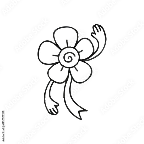 Waving Floral Character. Charming hand-drawn blossom illustration extending a friendly greeting. This simple artistic depiction conveys welcome, joy, and innocent charm.