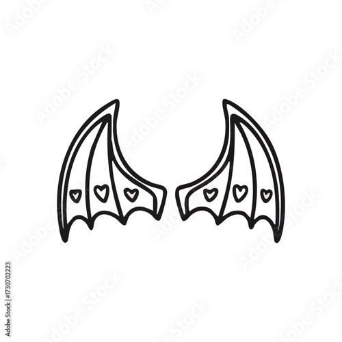 Playful Bat Wings Adorned with Hearts. Hand drawn cartoonish monster appendages displaying tender heart accents. This graphic embodies contrasting themes of darkness and affection, perfect for.