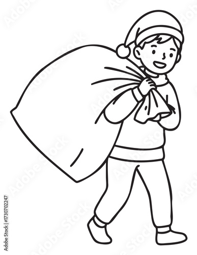 Cheerful young caucasian boy in santa hat carrying large gift bag - stock vector
