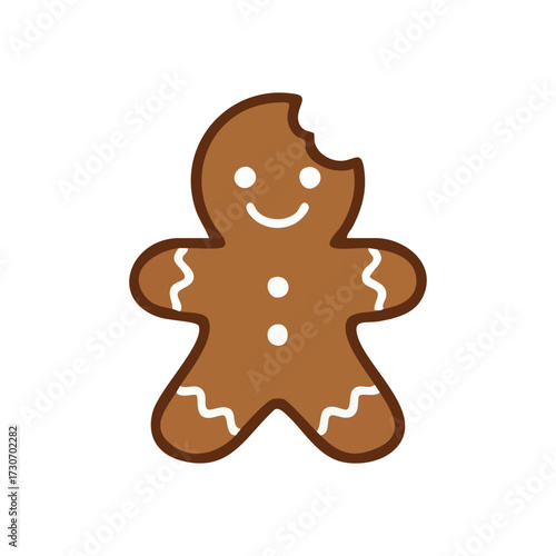 Cheerful Gingerbread Man with Bite. A delightful holiday sweet treat illustration, this yummy cookie shows a festive spirit despite a missing piece from its head. Perfect for winter cheer.
