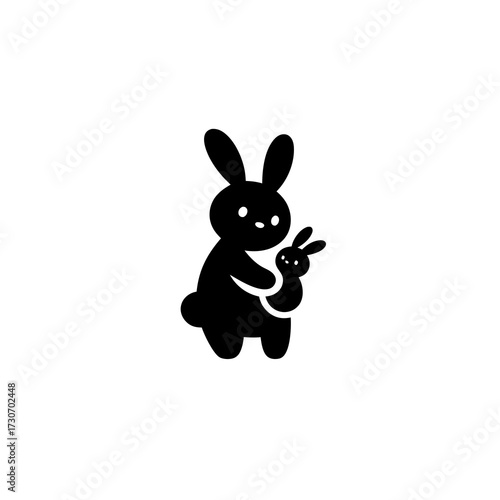 Cute black silhouette of a mother rabbit holding her baby bunny. Adorable animal family bond, minimal graphic illustration, care and love concept.