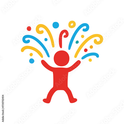 Joyful Figure Colorful Burst. An emblem of elation, depicting a human silhouette with arms raised amidst a vibrant confetti explosion. It symbolizes triumph, merriment, and positive energy.