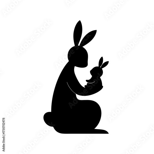Minimalist black vector silhouette of an adult rabbit with a baby bunny, representing parenthood, nurturing, and animal family.