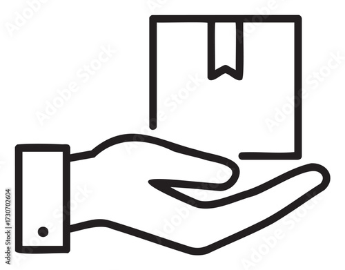 Hand holding package icon - minimalist line art illustration of delivery and shipping symbol - stock vector