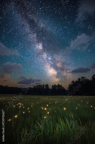 Majestic night landscape showcases the illuminated milky way streaking across a dark, star-filled sky, above a meadow of softly glowing lights amidst the tall grass with dark trees forming the...